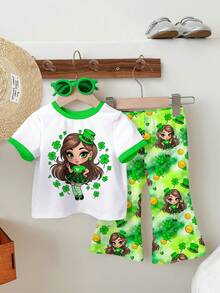 SHEIN 2件/套 青少女可愛三葉草女孩圖案紮染綠色短袖上衣 & 喇叭褲套裝，聖帕特里克節穿搭青少女服飾，夏季 - 彩色 - 查看 2