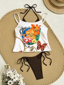 Swim Vcay Summer New Tropical Floral Print High Cut Side Tie Cute Beach Vacation Women Tank Top & Swimwear Set Crop Tops Floral Bikini Top Western Crop Tops Women Graphic Crop Tops Summer Holiday Tropical Bikini Set - Multicolor - View 2