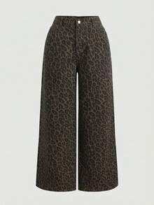 SHEIN MOD 大码豹纹休闲牛仔裤 - 棕色 - 查看 1
