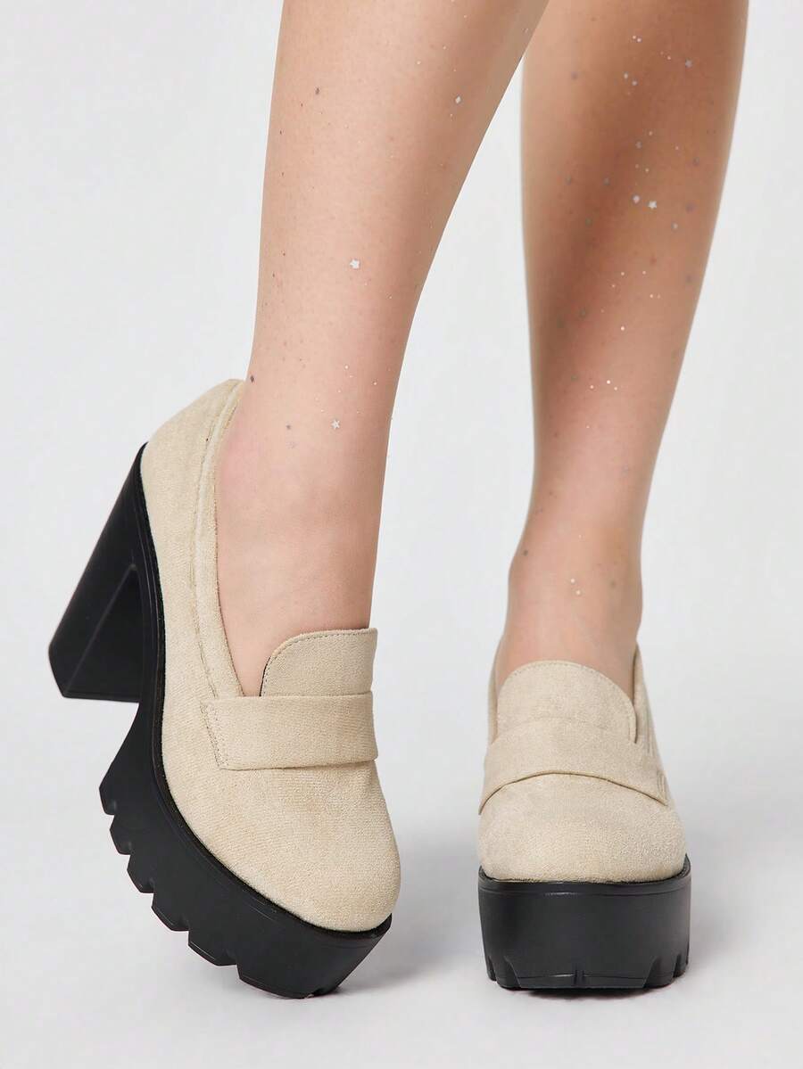 ROMWE Kawaii Zapatos de tacón alto con plataforma gruesa de agua, de ante beige, estilo diario de campus japonés - Gamuza beige - Ver 1