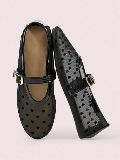 CUCCOO DOLLMOD Women Shoes Black Love Mesh Square Toe Mary Jane Shoes, Flat Metal Buckle, Sweet Commuter Dating Elegant Shoes