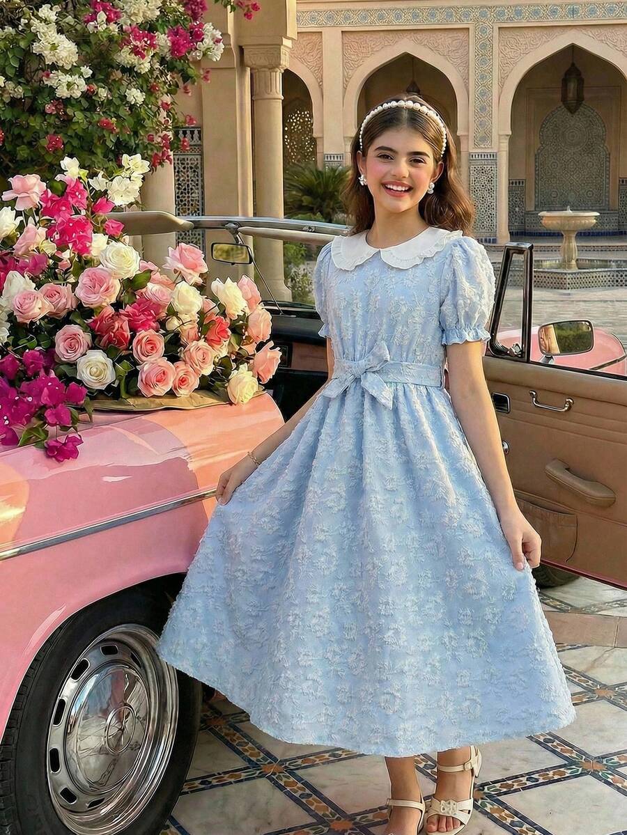 Đầm ngắn tay phồng màu xanh dương có họa tiết, cổ Peter Pan, thích hợp cho bé gái dự tiệc. - Màu xanh lam - Xem 1