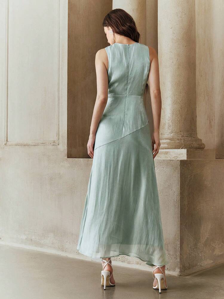 Women's Crossover Neck Pleated Fitted Waist A-Line Shiny Elegant Party Casual Dress, Suitable For Summer Holiday