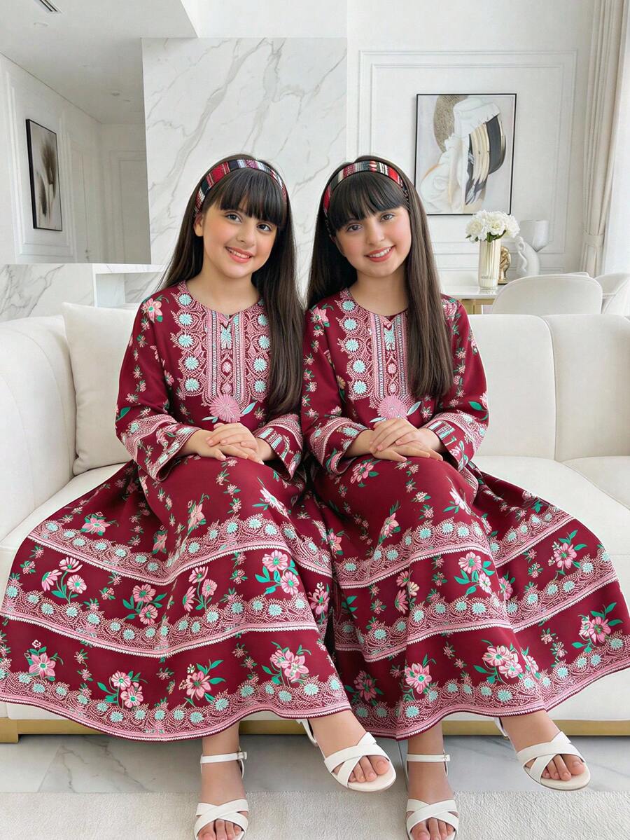 Tween Girl Flare Sleeve Long Sleeve Dress, Round Neck Long Digital Floral Print Woven Dress, Fashionable Retro Party Holiday - Black - View 1