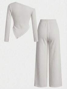 SHEIN 2pcs Tween Girls Casual Knit Asymmetric Collar T-Shirt And Wide Leg Pants Set, Suitable For Autumn/Winter, Daily Casual Wear - Apricot - View 2