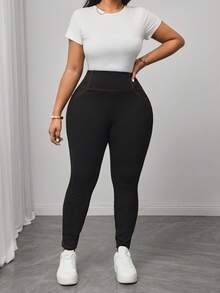 Truni Plus Top-Stitching Wideband Waist Leggings - Black - View 6