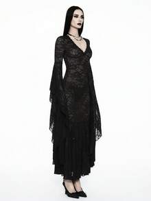 Glisette Women's Y2K Gothic Lace V-Neck Flare Sleeve Elegant Dress Party Night Out Black Floral Autumn - Black - View 5
