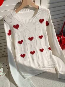 SHEIN EZwear Women's Round Neck Drop Shoulder Long Sleeve Jacquard Heart & Diamond Pattern Knit Sweater - Apricot - View 4