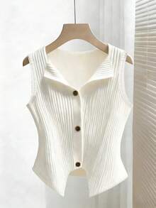 Franclia Women's Ribbed Fabric Sleeveless White Vest With Wooden Buttons And A Turn-Down Collar; V-Neck Shirt; Suitable For Summer Holiday Wear, Summer Tops, Spring Women's Wear, Valentine's Day Wear, Beach Wear, Elegant Women's Tops, Elegant Women's Shirts, Casual Women's Tops, Casual Women's Wear, White Women's Shirts, White Tops.Graduation Season Attire, Fashionable Casual Commuter Wear, Business Office Wear, Versatile And Stylish Everyday Casual Wear, Urban Teacher's Professional Attire - White - View 3