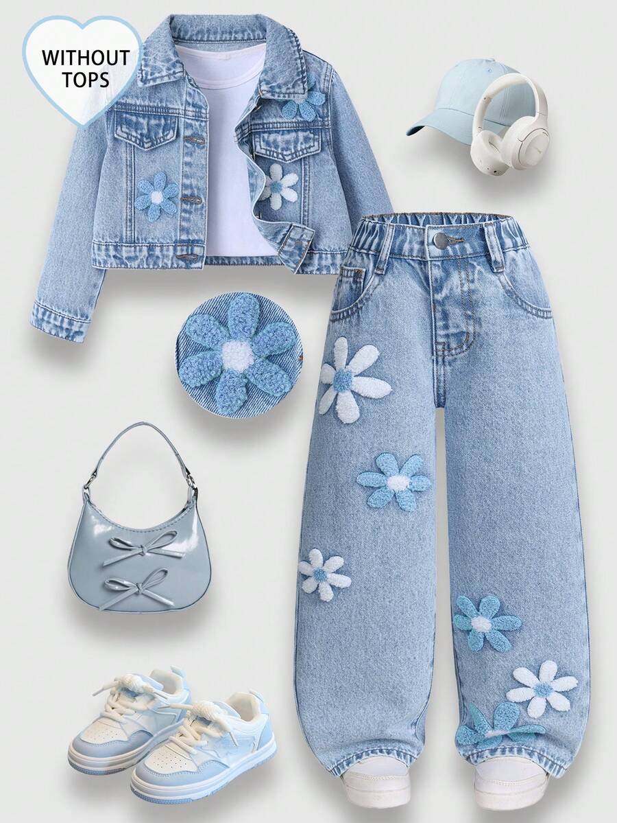 SHEIN ChillGRL 2025秋冬新款女童牛仔两件套,饰有花卉刺绣,包含短款牛仔外套和阔腿牛仔裤,时尚舒适,是度假和休闲外出的理想之选——完美礼物 - 淺色水洗藍 - 查看 1