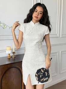 EastFlair 女士立领开衩设计优雅收腰迷你派对连衣裙 - 白色 - 查看 1