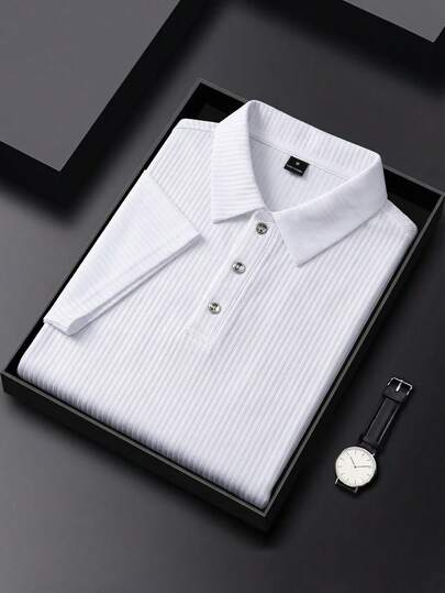 Manfinity Bizformal Men's White Vertical Ribbed Polo Shirt - Premium Stretch Fabric, Classic Collar, Slim Fit For Business & Gifting, Formal Casual Essential/Luxury Gift Men's White Ribbed Polo - Sleek Business Casual & Daily Wear,/Men's Collared Short Sleeve Polo Shirt, Men's Solid Ribbed Knit Polo Shirt, Men's White Polo Shirt, Men's Business Polo Shirt,/Business Casual Men Shirt