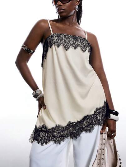 LYSMO Women's Minimalist Asymmetric Hem Lace Camisole Top, Colorblock, Plus Size, Spring/Summer