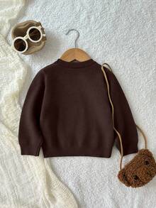 SHEIN Playful Pals Baby Boy Bear Pattern Crew Neck Sweater,All Shades Of Brown Autumn Funny Graphic Matching Family Unisex Knitted Set Neutral Solid Color Clothes Cute - Brown - View 3