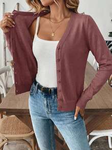 Áo khoác cardigan dài tay ôm sát màu trơn cài nút phía trước thanh lịch dành cho nữ - Bụi hồng - Xem 4