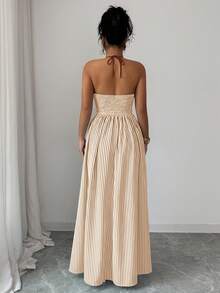 Elenzga 女士条纹深V领性感时尚吊带连衣裙 - 黃色 - 查看 2