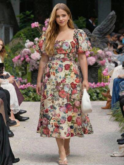 SHEIN MOD Plus Size Women Floral Print Square Neck Puff Sleeve Tie Waist Midi Dress,Beige Polyester Floral Print Puff Sleeve Midi Dress Square Neck Lace Up Waist A Line Silhouette Romantic Style Spring Summer Garden Outdoor Casual Daywear Lightweight Woven Fabric