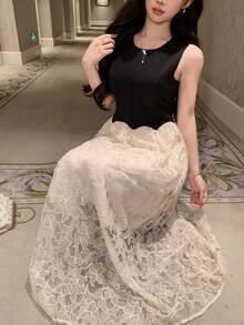 DAZY Spring/Summer Lace Patchwork Elegant Long Dress, Suitable For Wedding, Party, Formal Occasion, Commute - Black - View 5
