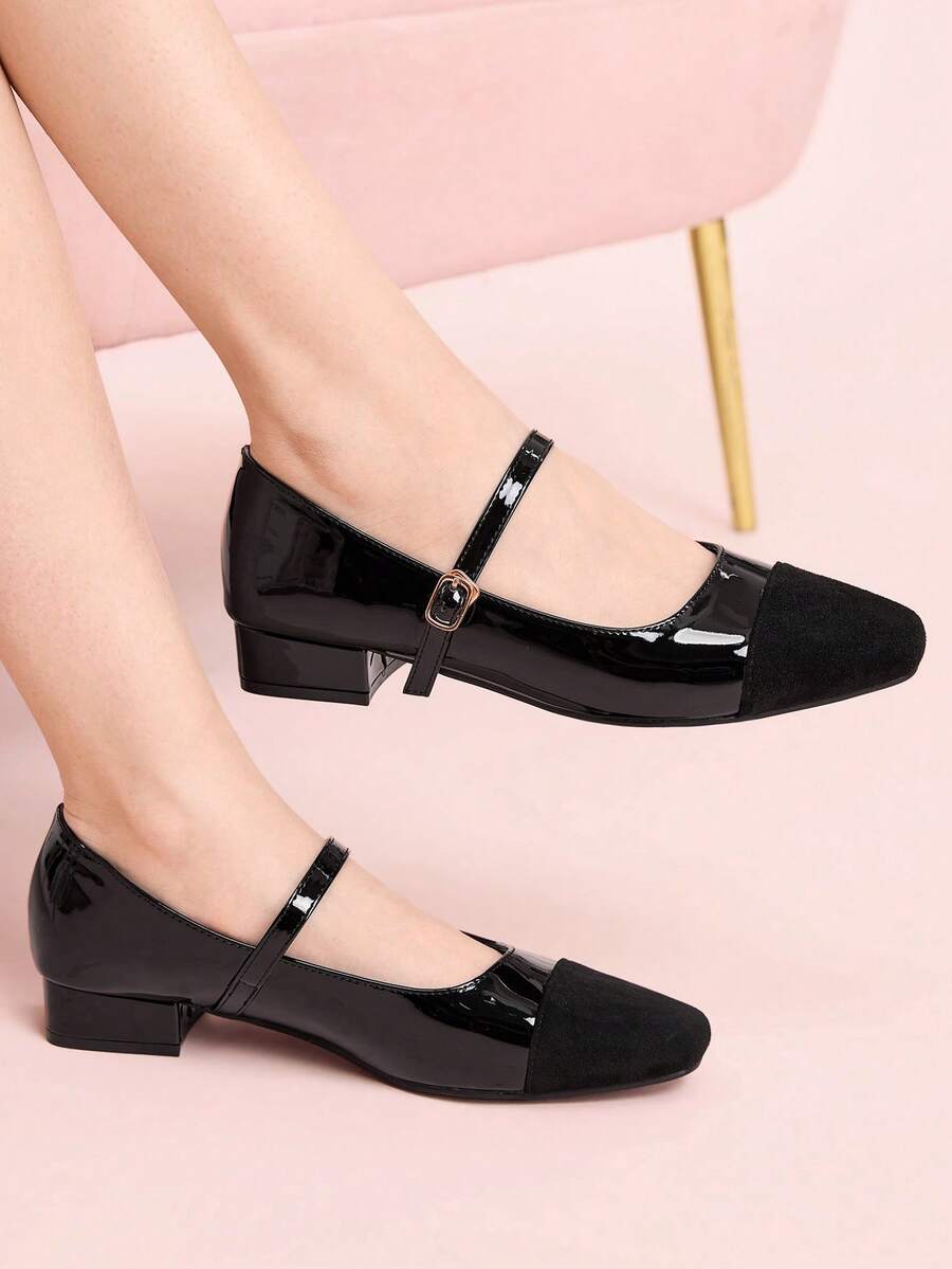 CUCCOO DOLLMOD Retro Square Head Splicing Mary Jane Shoes Women's French One-Word Buckle With Velvet Temperament Thick Heel Commuter High Heel Single Shoes Women - Black - View 1
