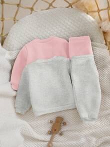 SHEIN 4件套新生女婴可爱卡通熊图案卫衣和裤子套装，秋冬 - 粉色 - 查看 2