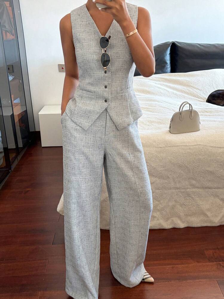 Women's V-Neck Sleeveless Front Button Elegant Camisole And Pants 2 Pieces Set