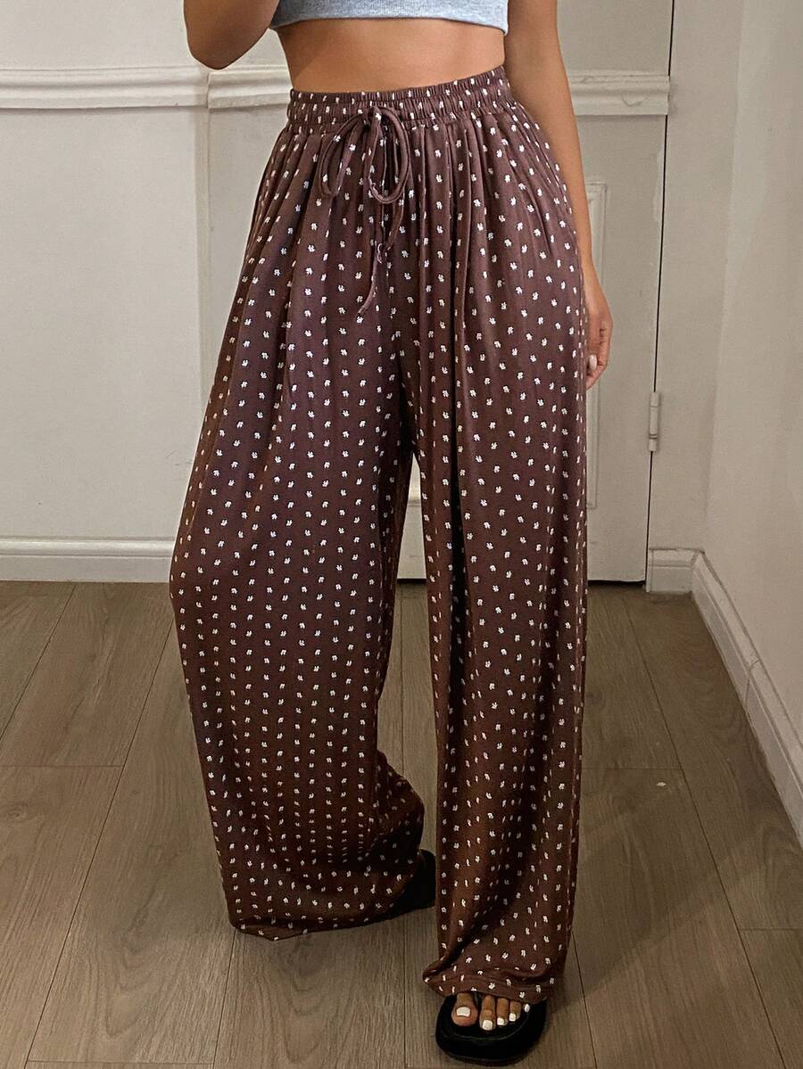 DAZY Soft Ditsy Floral Loose Knit Women Pajama Bottoms - Coffee Brown - View 1