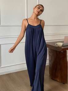 DAZY Minimalist Pleated Soft Draping Knit Jumpsuit For Women Loungewear - Navy Blue - View 4