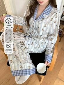 DAZY 2pcs Women Plaid Patchwork Cute Bear & Polka Dot Pattern Loose Cardigan Long Sleeve & Straight Leg Long Pajama Pants Set, Spring - Blue - View 4