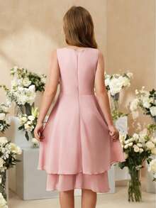 SHEIN Đầm midi không tay màu tím nhạt thanh lịch, đáng yêu dành cho bé gái tuổi teen, thích hợp cho các bữa tiệc, kỳ nghỉ, dịp trang trọng, đám cưới, sinh nhật, biểu diễn và các sự kiện khác. - Hồng - Xem 2