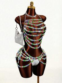 Mistrie 女士彩色糖果色链条泳装套装，夏季，派对度假装，春夏，春夏波西米亚风泳装，女士沙滩比基尼，2026夏季女士沙滩装，女士沙滩裙，女士沙滩装，优雅休闲夏季度假装，女士度假装，女士泳装，女士泳衣，女士生日礼服，性感夏季两件套，性感半身裙套装，抹胸连衣裙，性感两件套夜店装 - 彩色 - 查看 6