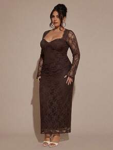 SHEIN BAE Đầm ren dài tay cỡ lớn dành cho nữ, đầm thanh lịch. - Cà phê nâu - Xem 5