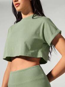 Fluxe 纯色针织圆领宽松短款休闲女式T恤 - 綠色 - 查看 11