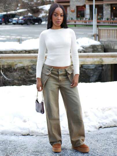 Yess Loren 带环形钩扣口袋细节的牛仔裤，90年代春夏Y2K风格，性感可爱复古西部度假风，秋冬休闲纳什维尔风，适合日常约会、感恩节等场合。