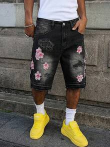 Street Life Men's Floral Embroidery Pocket Distressed Casual Denim Shorts - Black - View 2