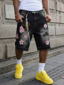 Street Life Men's Floral Embroidery Pocket Distressed Casual Denim Shorts - Black - View 3