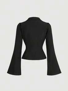 SHEIN MOD 大码女式V领荷叶边喇叭袖衬衫，收腰设计，黑色长袖衬衫，女式风格，纽扣衬衫，适合演唱会、机场等场合穿着。 - 黑色 - 查看 2