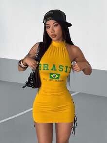 StreetHx 女士性感休闲时尚街头巴西国旗字母印花露背系带修身连衣裙，夏季 - 黃色 - 查看 3