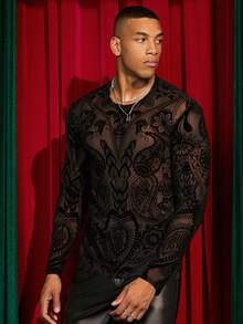 EASEVO 男士加大码网眼透视圆领休闲长袖T恤 - 黑色 - 查看 3