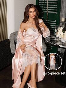 SilkySpell 2pcs Women Sexy Spaghetti Strap Nightgown Set. Long Sleeve Robe Pajama Set, Long Gown, Lace Trim. All Season - Apricot - View 1
