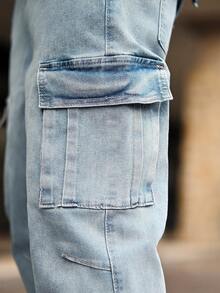 Devon Thys 男士时尚休闲水洗修身工装牛仔裤、工装裤 - 霧霾藍 - 查看 3