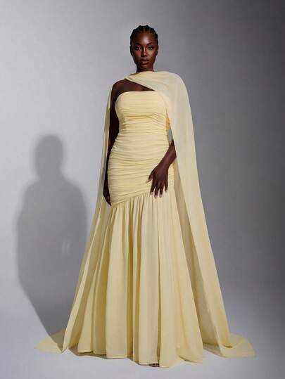 Elitara Plus Size Elegant Cream Yellow Chiffon Halter Neck Dress (Detachable Sequins), Bust Ruffle, Mesh Fishtail Hem, Suitable For Valentine's Day, Date, Vacation, Wedding, Bridesmaid