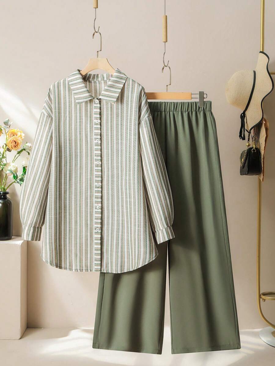 Lacomfia Women's Linen-Like Striped Loose Long Shirt And Wide Leg Pants Set, Casual Comfortable Versatile Plus Size - Multicolor - View 1