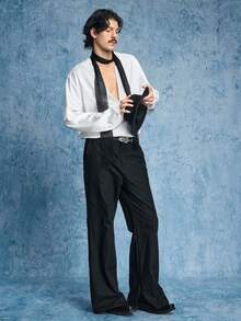 ROMWE MEN Street Life Men's V-Neck Contrast Lace Long Sleeve Fashionable Shirt - White - View 1