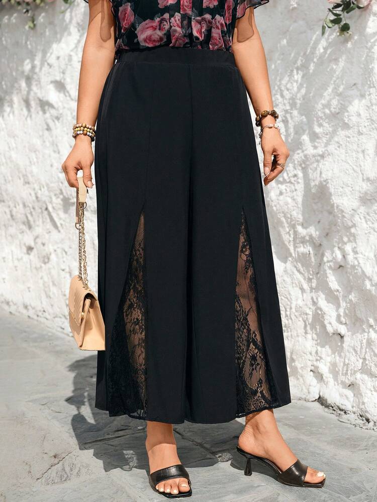 Plus Size Elegant Commuter Contrast Lace Solid Color Loose Straight Pants/Summer/Elegant Wide Leg Summer Pants Summer Beach Vacation For Women Formal Attire For Women Wide Leg Pants Woman High Waist Wide Leg Pants With Lace Insert Women's Wide Leg Pants Pants Women Summer For Women Beach For Women Casual Vacation Women Country Concert Peplum
