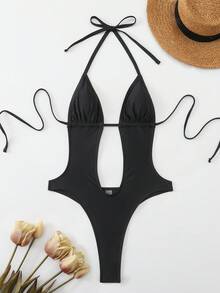 Swim SXY Solid Color Halter Drawstring Hollow One-Piece Swimsuit, Spring/Summer Sexy Sexy One Piece Swim Suit Holiday - Black - View 4