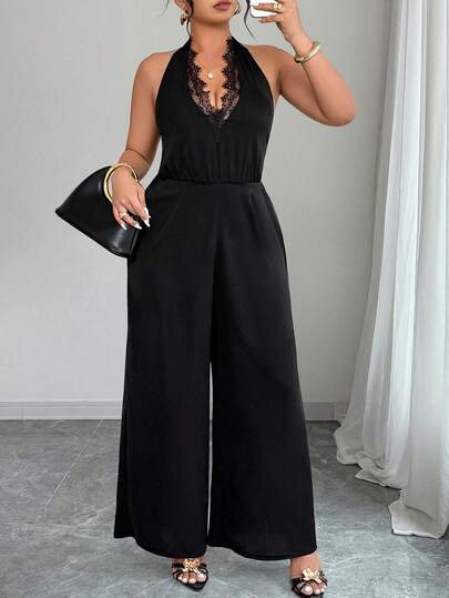 Elenzga Mono de una sola pieza con cuello en V y ribete de encaje, cintura con lazo, elegante para el trabajo y uso casual, primavera/verano, talla grande para mujer