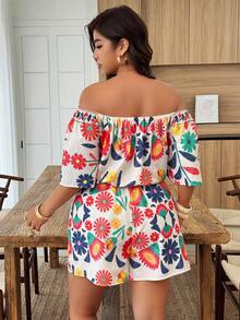 Weeklong Plus Size Women's Off-Shoulder Ruffle Sleeve Printed Romper, Vacation Style, Spring/Summer - Multicolor - View 2