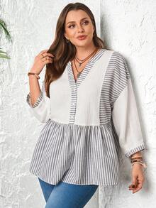 EMERY ROSE Blusa de mujer talla grande con rayas y patchwork, manga 3/4, blanca estilo boho para otoño y vacaciones, túnica casual, blusa elegante de negocios con volantes para verano - Multicolor - Ver 6