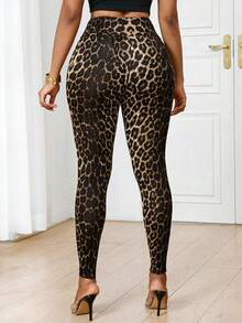 SHEIN Lady Petite Petite Fashionable Sexy Leopard Print Mesh Splice Leggings - Multicolor - View 2