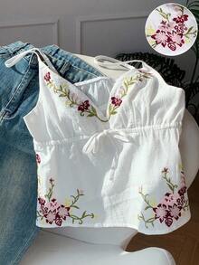SHEIN EZwear Áo ba lỗ không tay thắt eo thêu hoa phong cách nghỉ dưỡng dành cho nữ - trắng - Xem 4